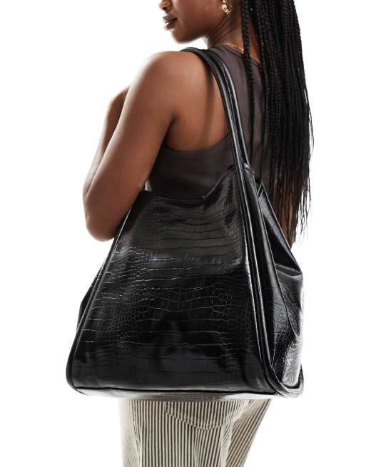 Bolso tote negro efecto piel de cocodrilo con asas tubulares de ASOS DESIGN 