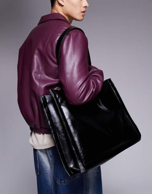 Bolso tote negro estructurado de cuero sintético efecto agrietado de ASOS DESIGN, 3 de 4