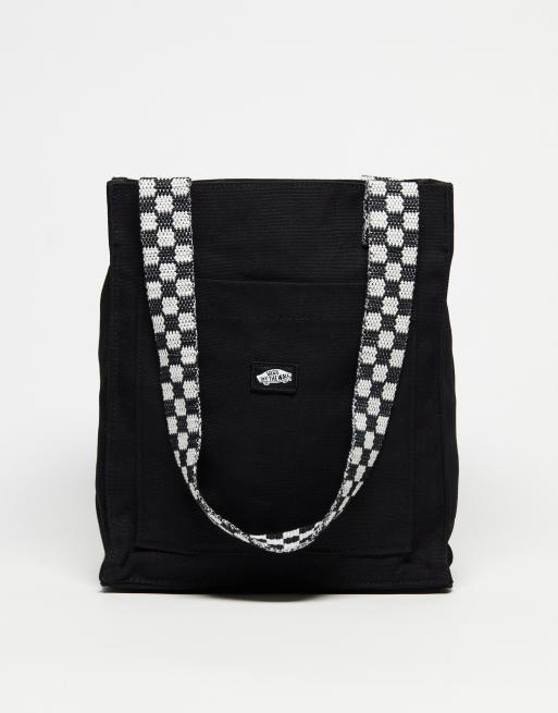 Bolso tote pequeño negro con correas a cuadros dameros de Vans