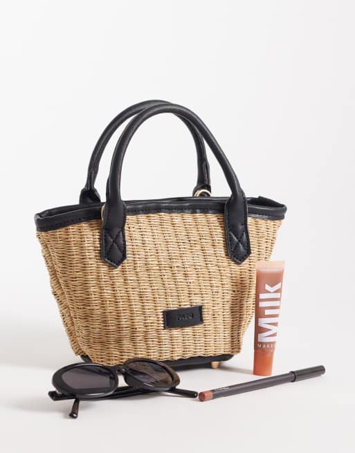Bolso tote pequeño negro y beis de paja con correa bandolera de PASQ, 2 de 4