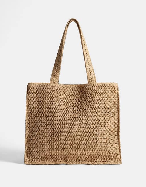 Bolso tote playero de hombro beis de paja de South Beach, 5 de 7