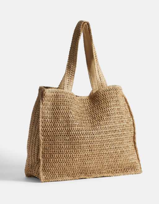 Bolso tote playero de hombro beis de paja de South Beach, 6 de 7