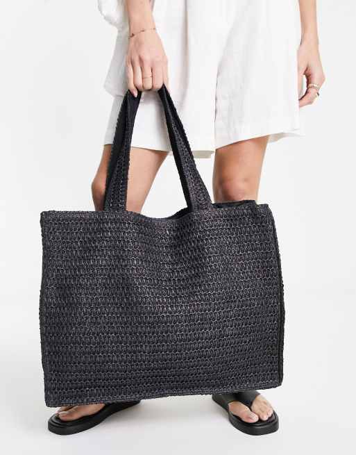Bolso tote playero de hombro negro de paja de South Beach, 2 de 4
