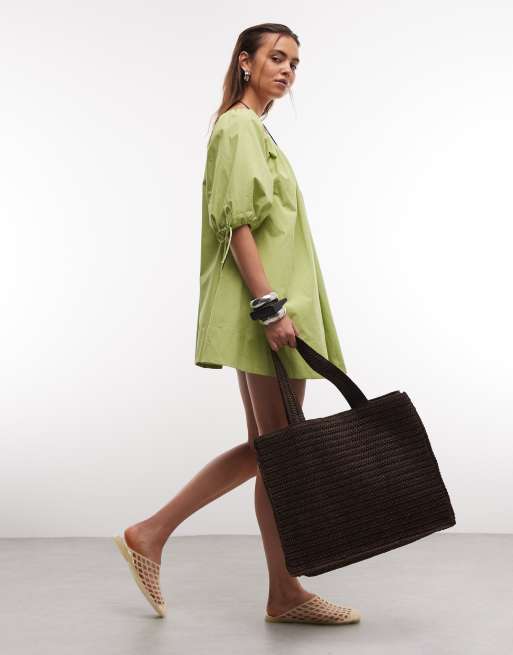 Bolso tote playero marrón chocolate de paja de South Beach, 4 de 8