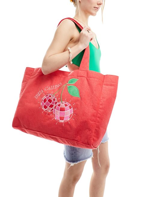 Bolso tote rojo con diseño de cerezas y bola de discoteca de tejido de rizo de South Beach 
