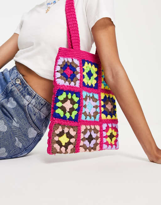 Bolso tote rosa luminoso de croché de Reclaimed Vintage Inspired 