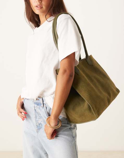 Bolso tote verde bosque con asas tubulares y laterales desplegables de ante de ASOS DESIGN - view 1