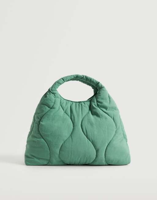Bolso tote verde claro guateado con diseño de rombos de Mango