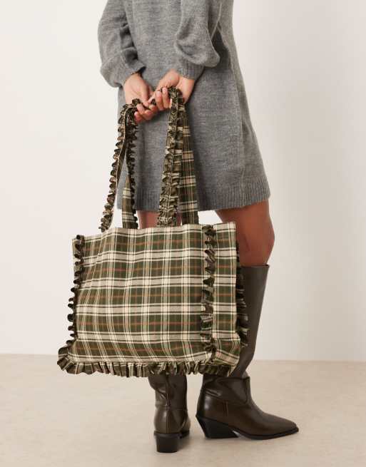Bolso tote verde oliva a cuadros con volante de My Accessories, 3 de 4