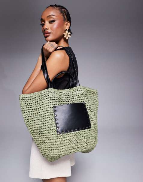 Bolso tote verde oliva de paja con panel de poliuretano de South Beach - view 1