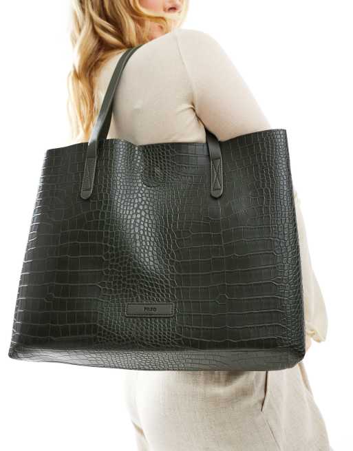 Bolso tote verde oscuro efecto piel de cocodrilo con forma acampanada de PASQ