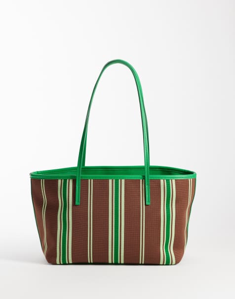 Bolso tote verde y marrón chocolate a rayas de punto de ASOS DESIGN - view 1