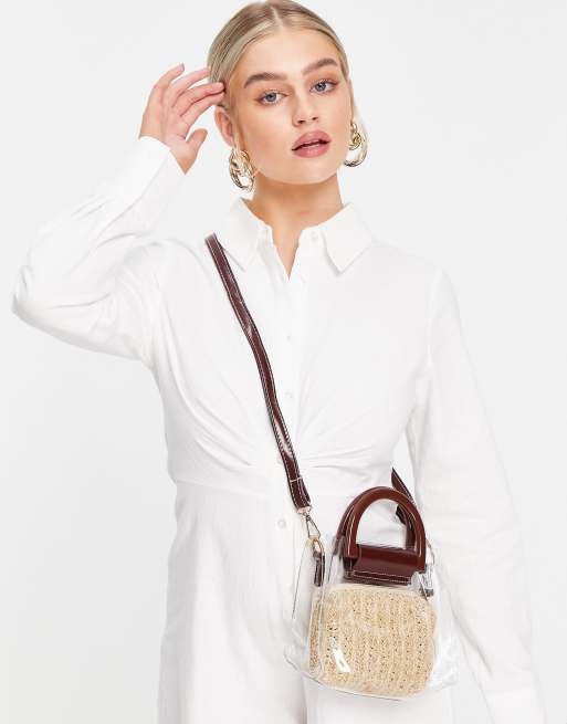 Bolso transparente con asa y correa marrones y bolso interior color crema de paja de Truffle Collection