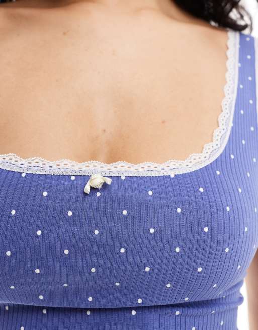 Bomuld On - Blå-prikket og ribstrikket pyjamas-tanktop med blonder , 2 af 4