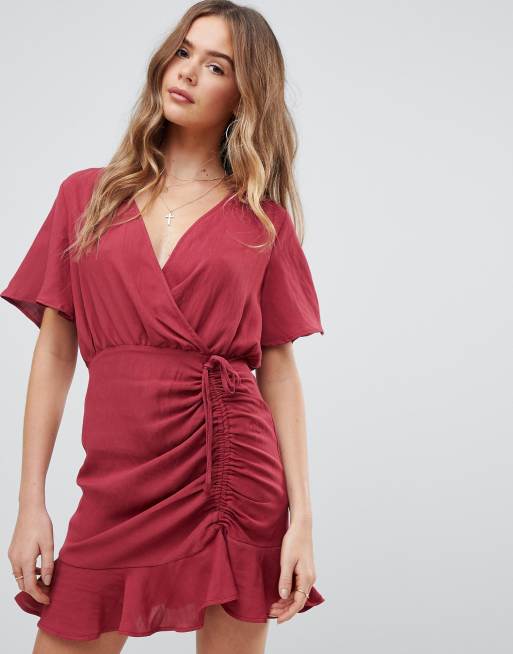 Boohoo angel sleeve ruched cheap mini dress in red