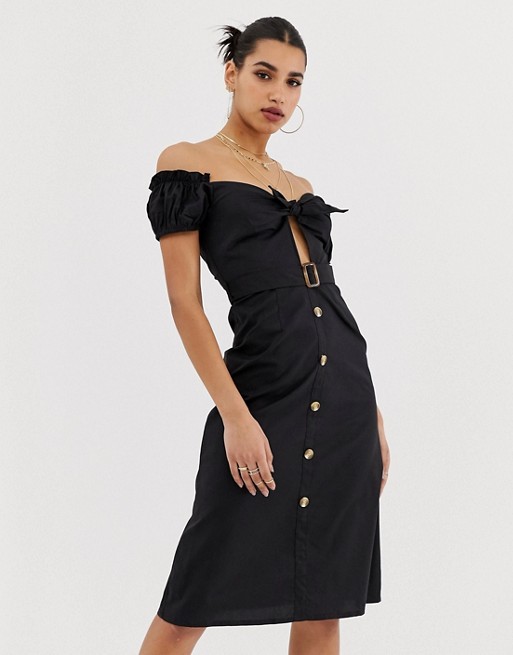Boohoo bardot button through belted midi dress in black