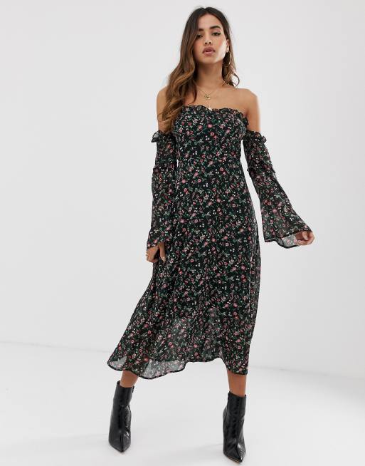 Boohoo bardot midi dress with flare sleeves in black ditsy floral