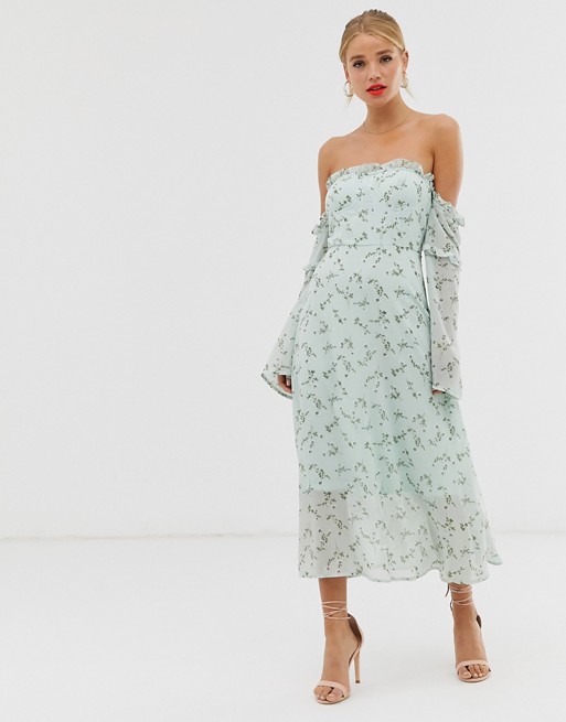Boohoo bardot midi dress with flare sleeves in blue ditsy floral