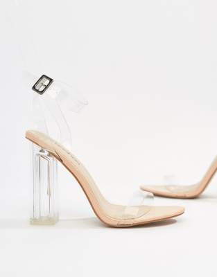 boohoo barely there block heel sandals in clear