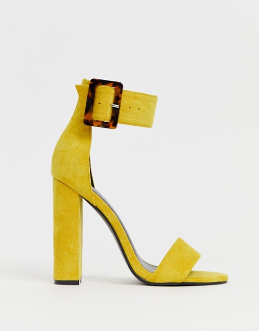 Boohoo barely there block heeled sandals with tortoiseshell buckle in yellow