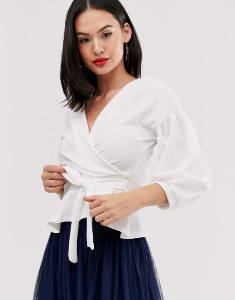 Boohoo basic wrap top with peplum hem in white