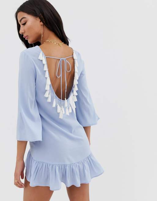 Boohoo Beach Dress With Low Back And Tassel Trim In Blue