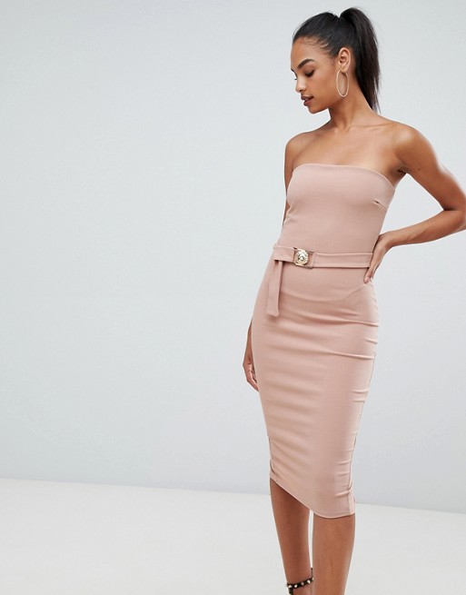 Boohoo belted bandeau midi bodycon dress in pink