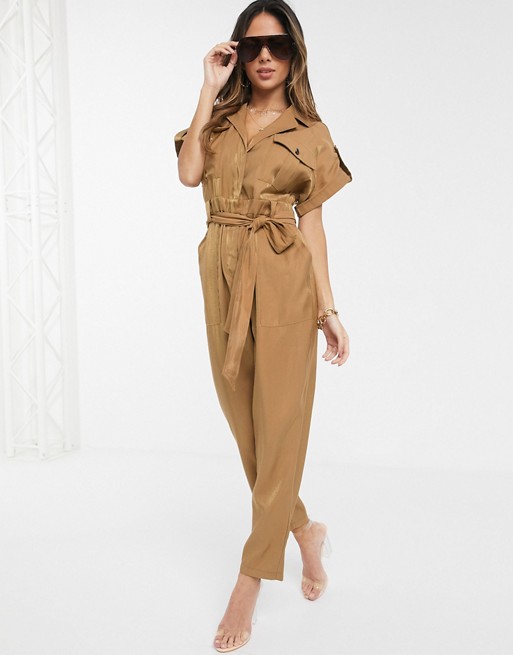 Boohoo belted utility jumpsuit with pockets in camel
