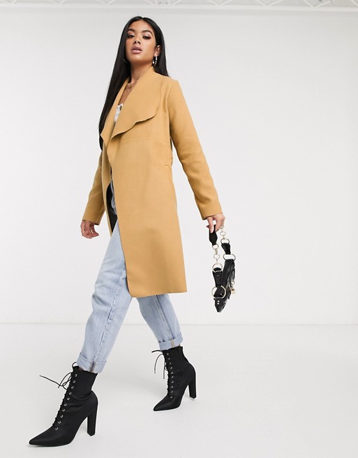 Boohoo belted waterfall coat in camel