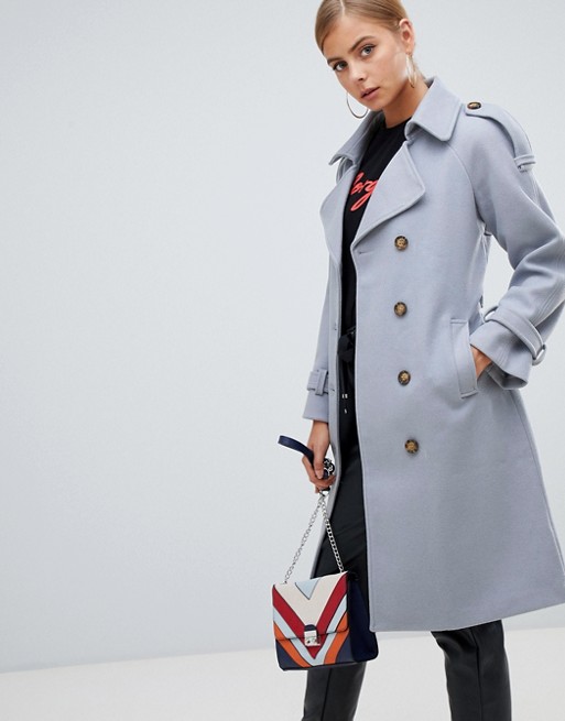 Boohoo belted wool look trench in pale blue