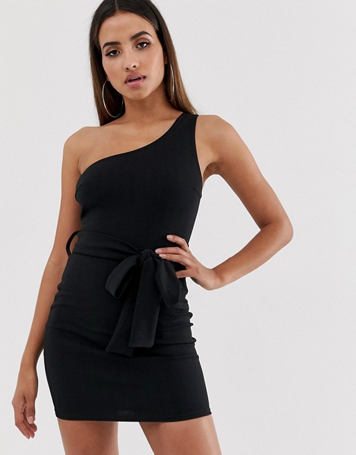 Boohoo bodycon mini dress with one shoulder and belted waist in black