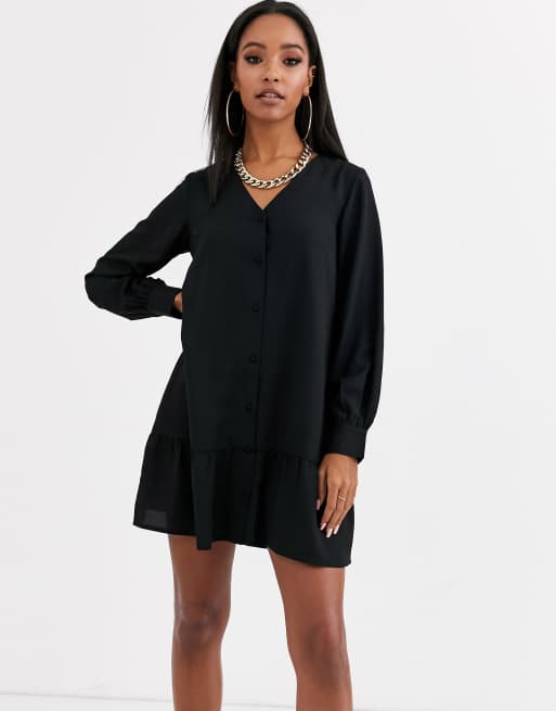 Boohoo button through collarless shirt dress with peplum hem in black