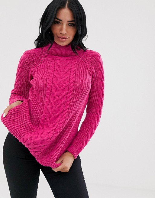 Boohoo cable knit jumper with roll neck in dark pink