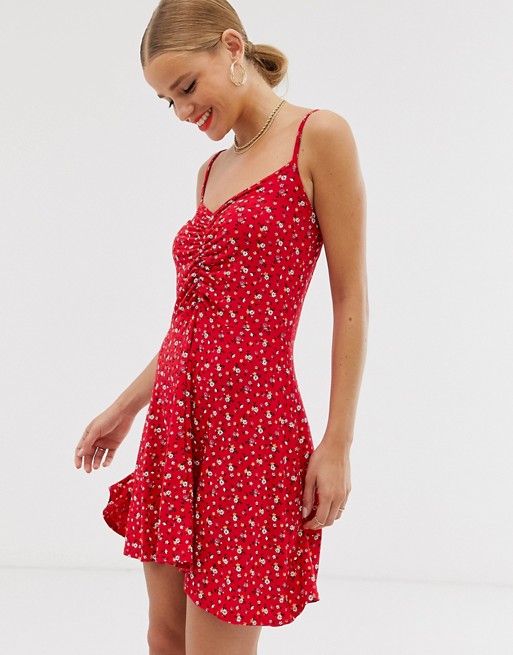 Boohoo cami swing dress in red ditsy floral
