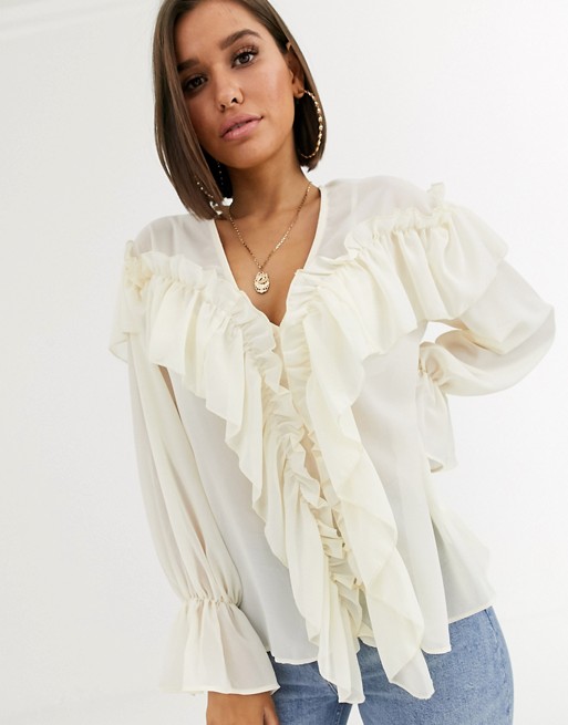 Boohoo chiffon v neck blouse with ruffle front detail in cream | ASOS