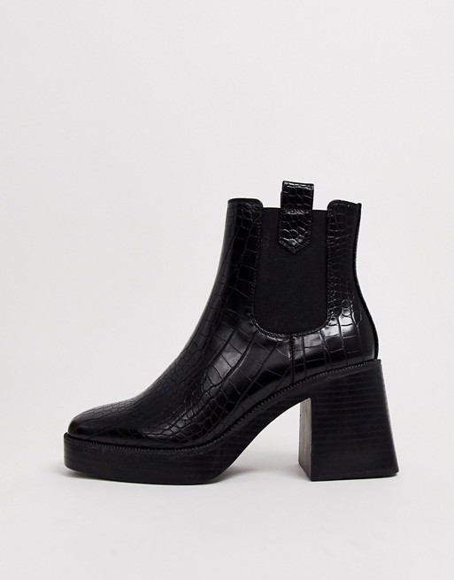 Boohoo chunky heeled boots in black croc