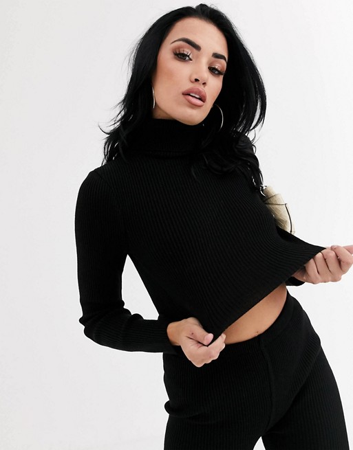 Boohoo co-ord ribbed roll neck jumper in black