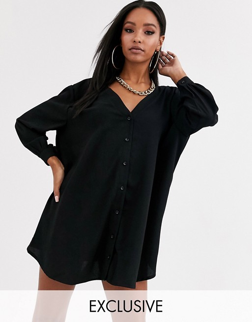 Boohoo collarless mini shirt dress in black