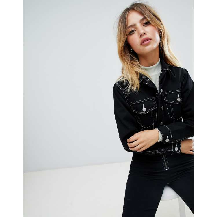 Boohoo contrast stitch cropped denim jacket in black