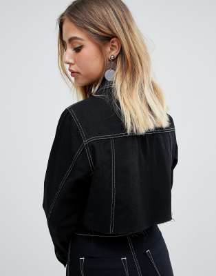 Boohoo contrast stitch cropped denim jacket in black | ASOS