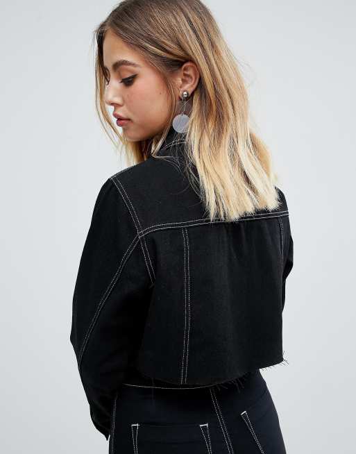 Boohoo contrast stitch cropped denim jacket in black ASOS