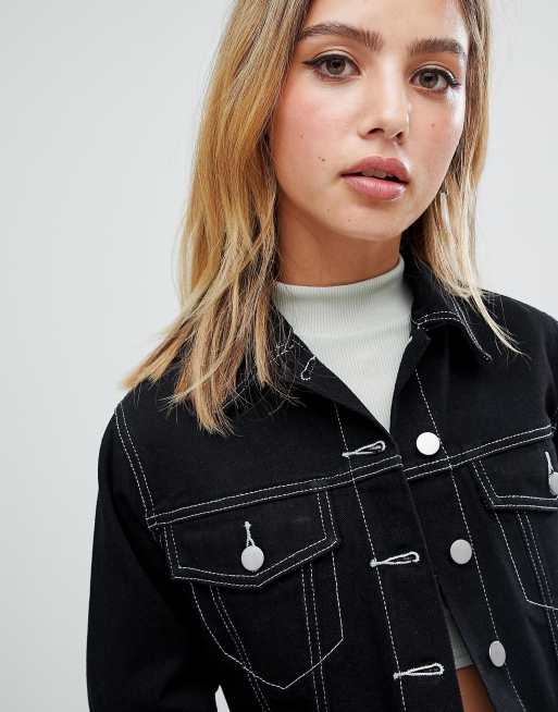 White denim jacket with black stitching sale