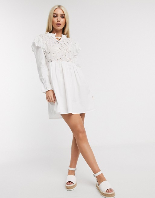 Boohoo crochet smock dress with tie neck in white