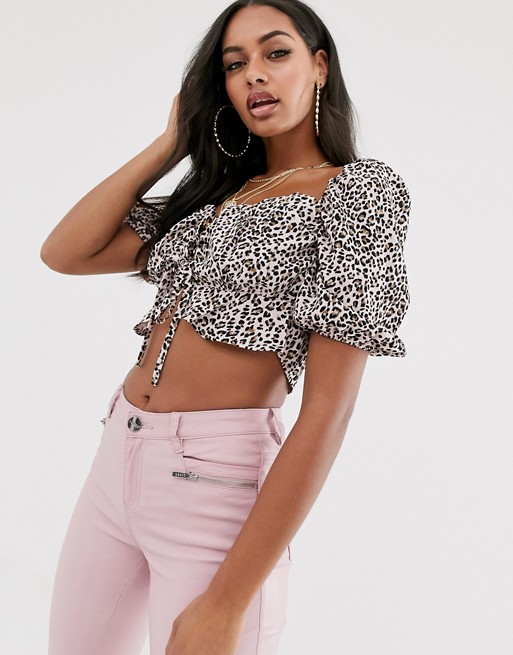 Boohoo crop chiffon blouse with puff sleeve in leopard