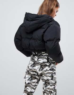 black hooded cropped puffer