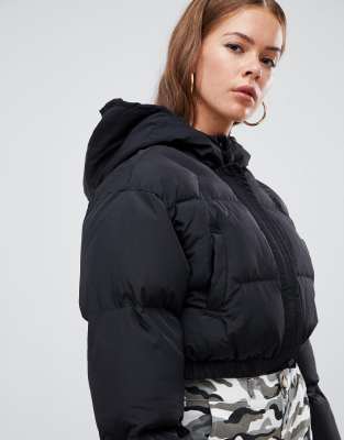 black hooded cropped puffer jacket