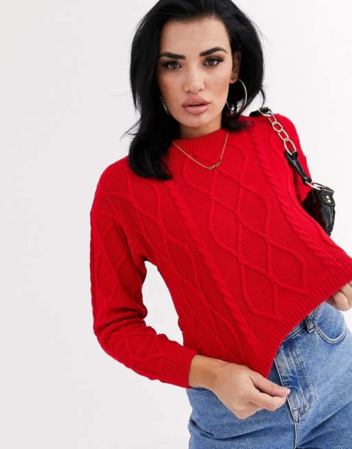 Boohoo cropped cable knit jumper in red