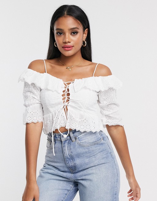 Boohoo cropped lace up blouse with ruffles in white