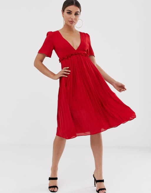Boohoo - Exclusieve geplooide diepuitgesneden midi-jurk in rood, 4 van 4