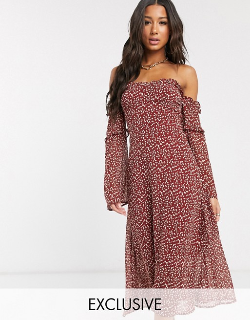 Boohoo exclusive bardot midi dress with flare sleeves in red ditsy floral